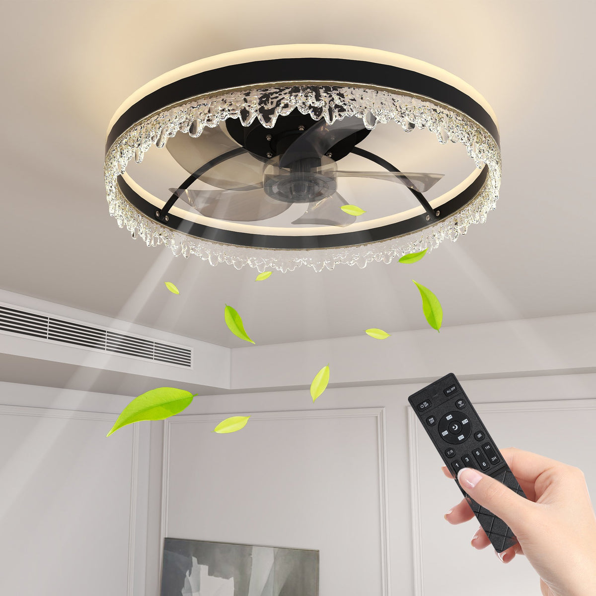 20-inch Black Smart Ceiling Fan Light with Silent Function, Multi-Speed Adjustment, Study Room