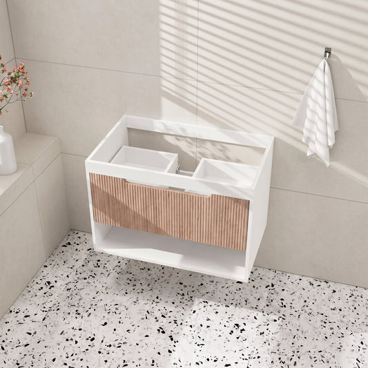 30" Floating Bathroom Vanity Base Cabinet Only, Modern Wall-Mounted MDF Bath Vanity with Fluted Wood Grain Drawer, Soft-Close Rails & Open Shelf, White/Oak (Sink Not Included)