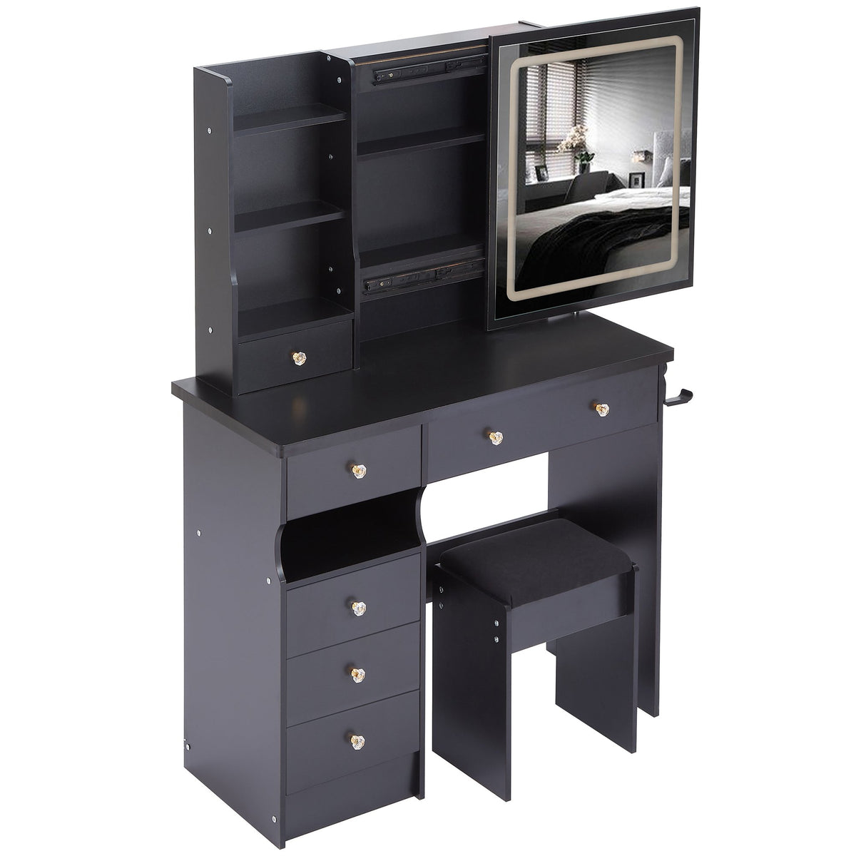 37" Left Drawer Desktop Vanity Table + Cushioned Stool, 2 AC+2 USB Socket, Hair Dryer Stand, Large Touch Control LED Sliding Mirror – Black