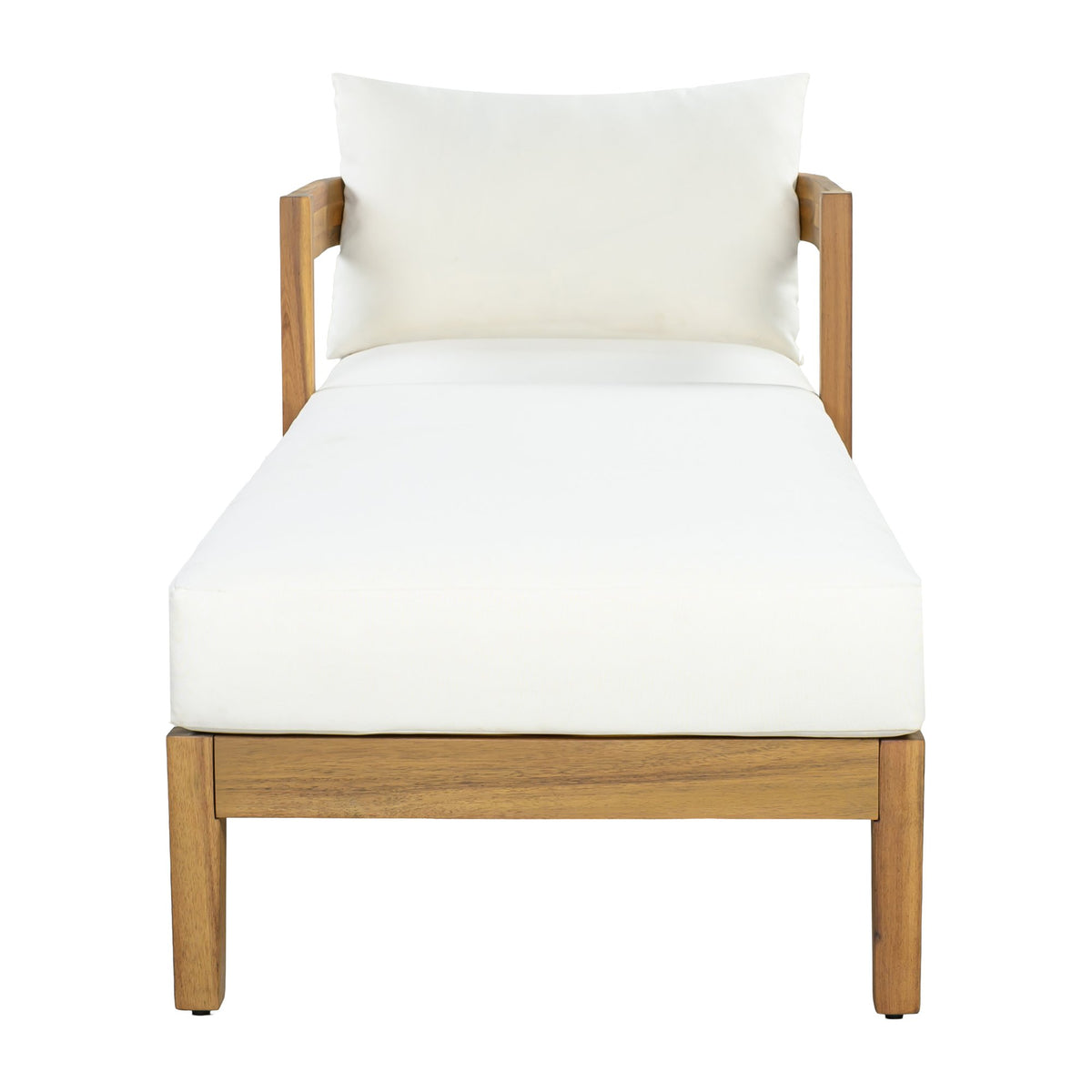78" Acacia Wood Outdoor Chaise Lounge Chair with Curved Frame, Weather Resistant Patio Reclining Daybed with Thick Removable Cream Cushion, Single Arm Outdoor Lounger for Poolside, Backyard & Garden