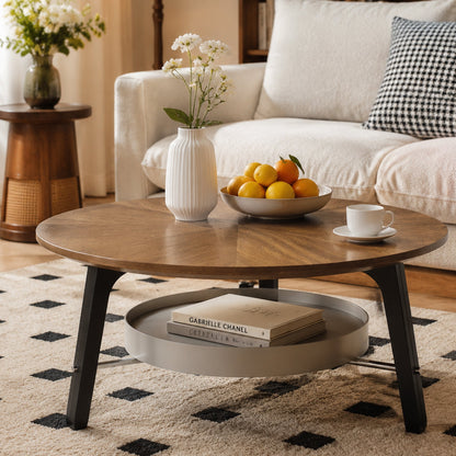 35.43" Round Coffee Table with Storage Shelf, Walnut Wood Grain Finish with Black Wood Legs, Modern Minimalist Center Table for Living Room, Farmhouse Accent Furniture for Small Spaces, Easy Assembly
