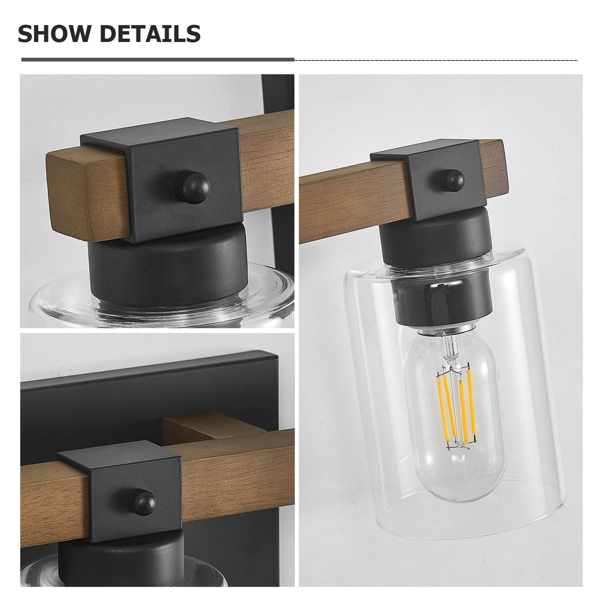 4-Light Farmhouse Vanity Light, Antique Wood Bathroom Wall Light with Clear Glass Shades, Mirror Lighting for Bedroom & Hallway, No Bulbs Included