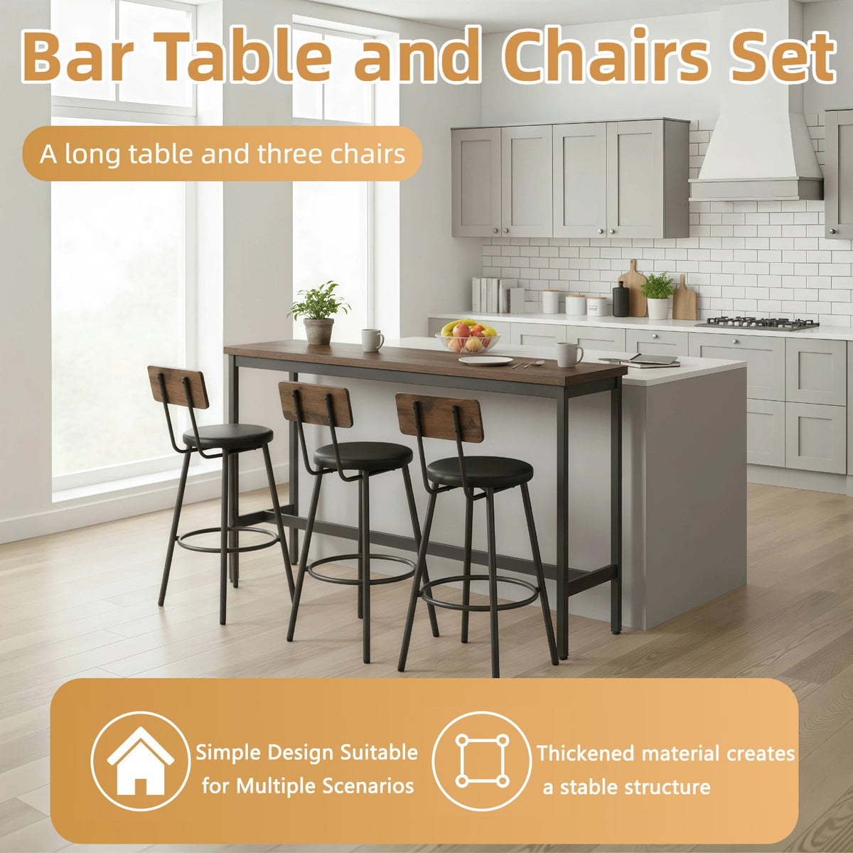 Bar Table and Chairs Set for 3, 4 Piece Industrial Dining Table Set with 3 PU Upholstered Bar Stools, Bar Table Set, Small Space Corner