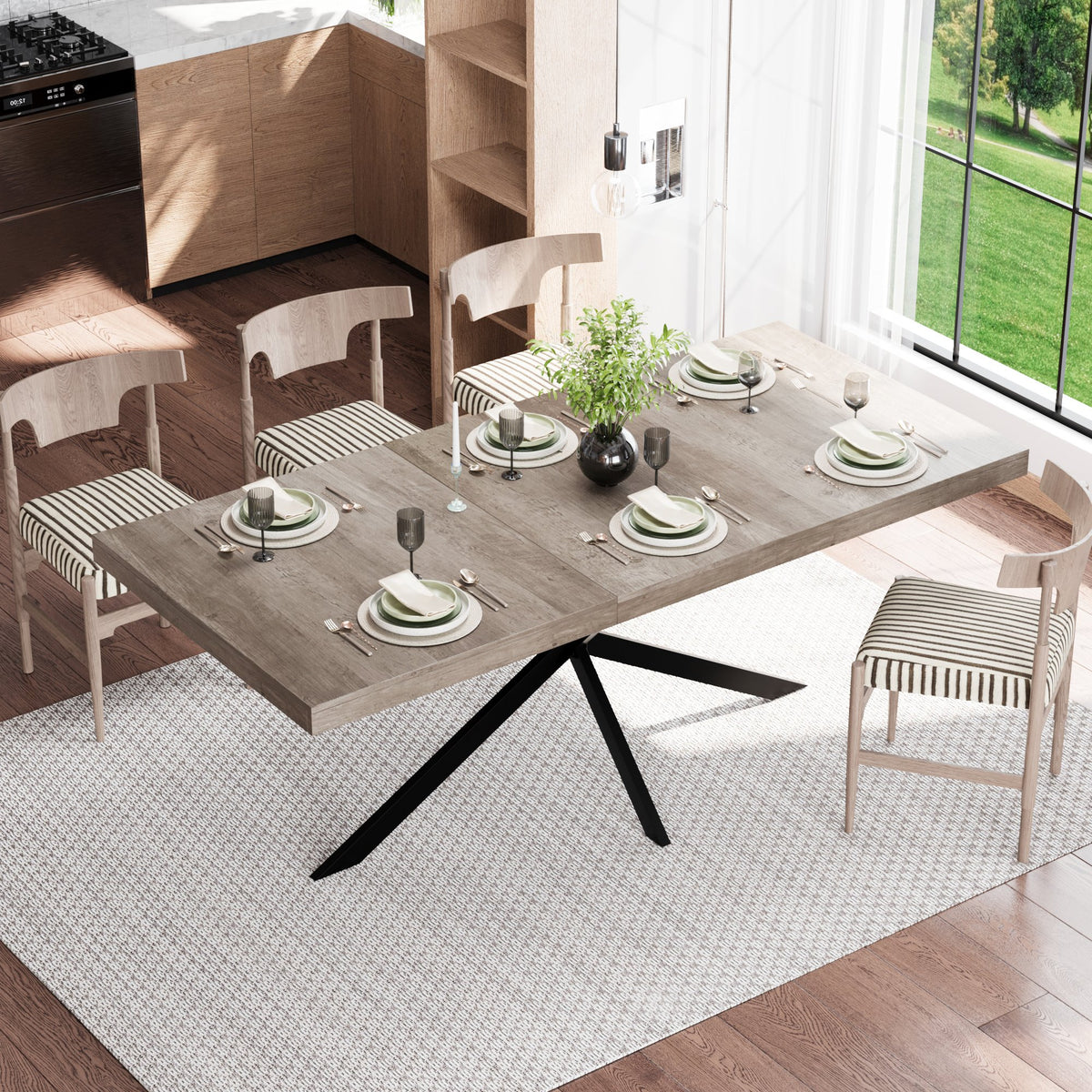 55.11'-70.86'Retro Rectangular Stretch Dining Table, Grey Carole Top With Same Color Embossed Center Plate, With Storage Box, kitchens