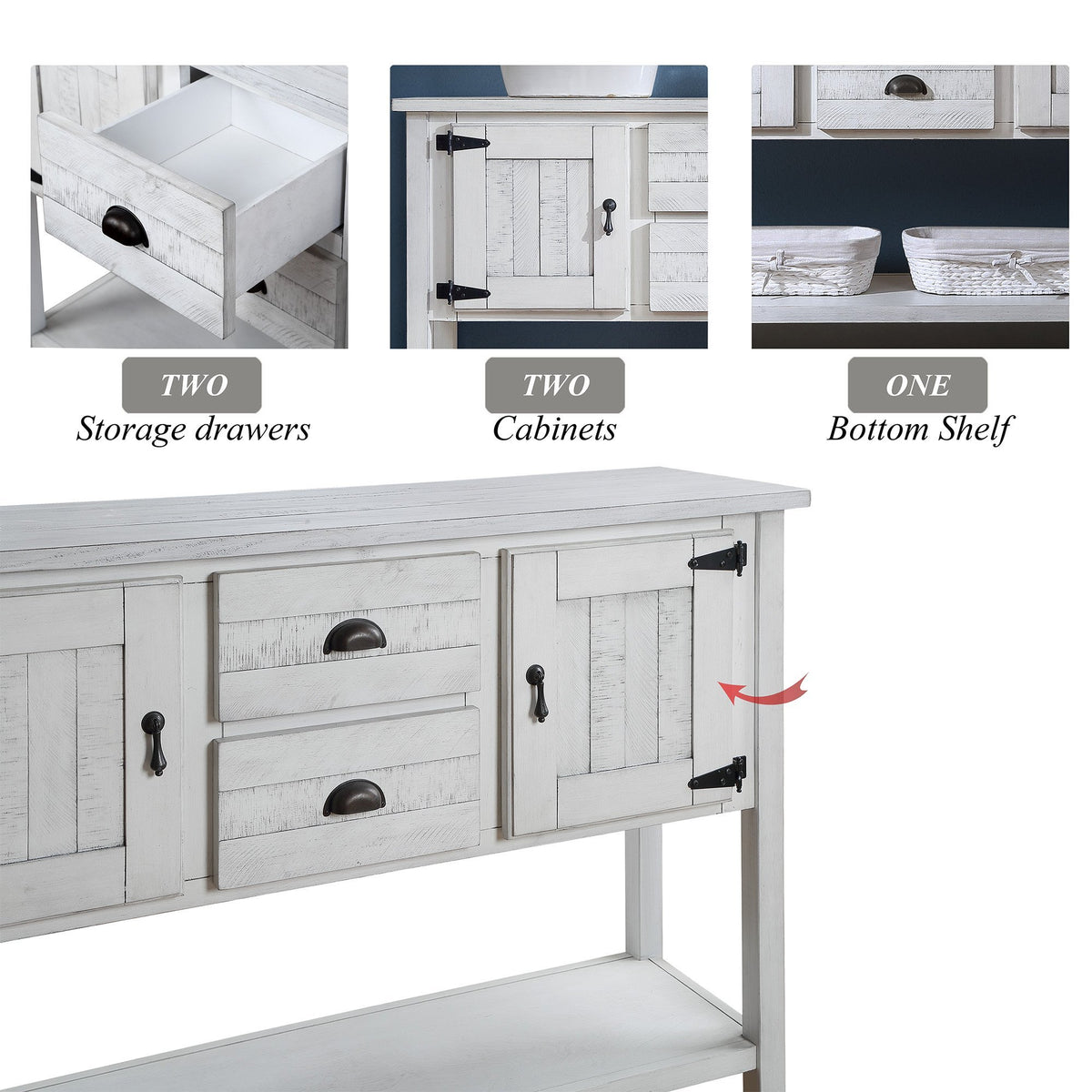 46'' Solid Wood Sideboard Console Table with 2 Drawers and Cabinets and Bottom Shelf