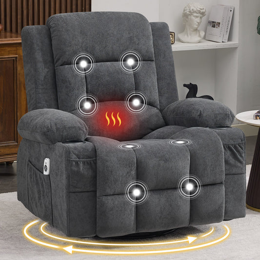 360° Swivel Rocker Recliner for Adults, Nursery Glider Recliner with Vibration Massage and Heat,Rocking Chair with Cup Holder, Manual Recliner Chair for Living Room, Bedroom (Fabric,Gray)