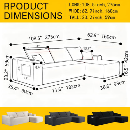 108" Cloud Sectional Sofa with L-Shape Chaise and Side Pockets, Modern Modular Design, Deep Seating, Upholstered Couch