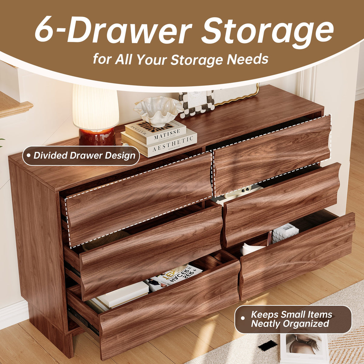 59.1" Buffet Sideboard with 6 Drawers, Walnut Finish with Wave Grain Texture, Farmhouse Storage Cabinet for Dining Room Living Room Hallway, Large Space Accent Furniture, Easy Assembly