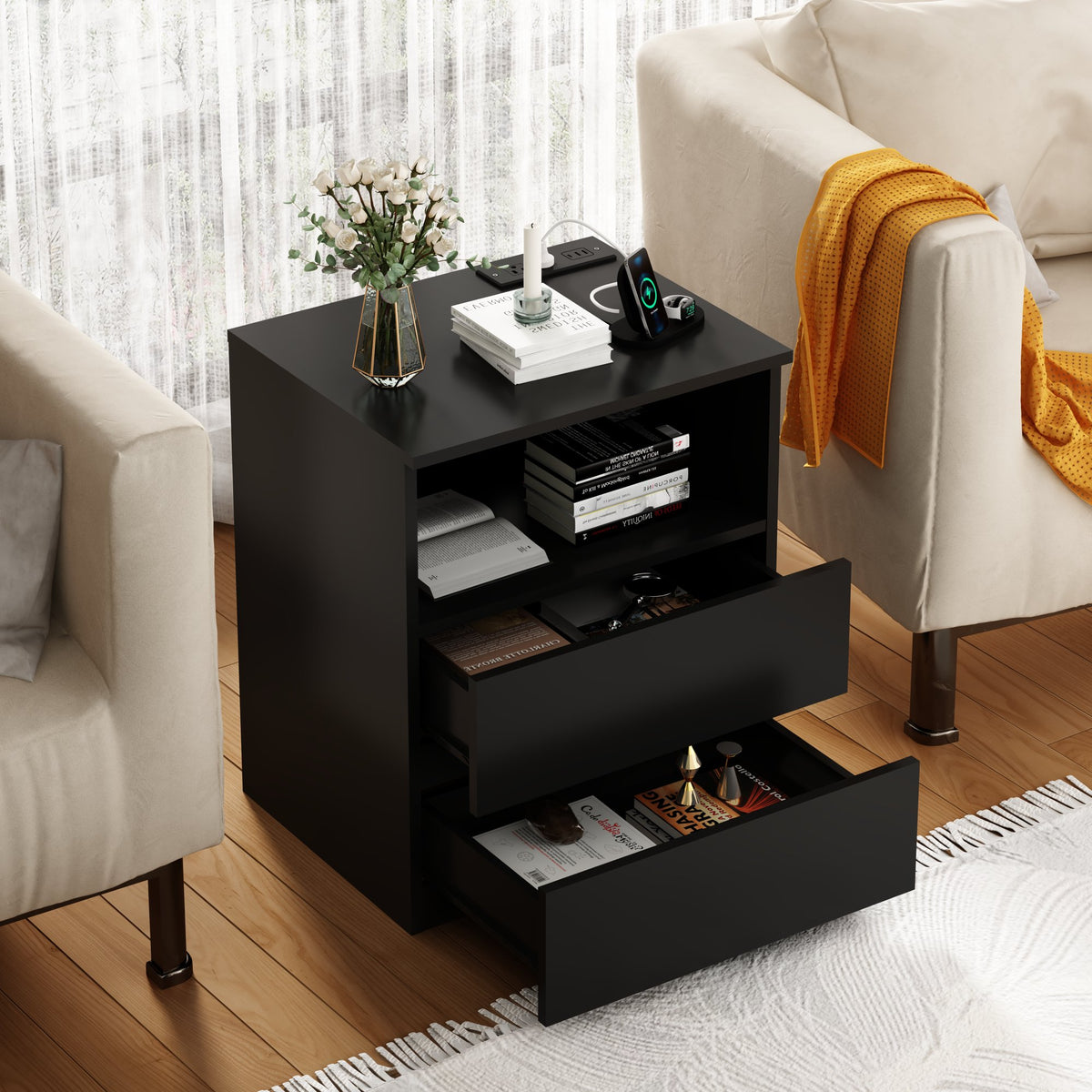 (Set of 2)End Table with Fast USB C Charging Station, Sofa Side Table with 2 Drawers, Large Storage Modern Wood Storage Cabinet, Black