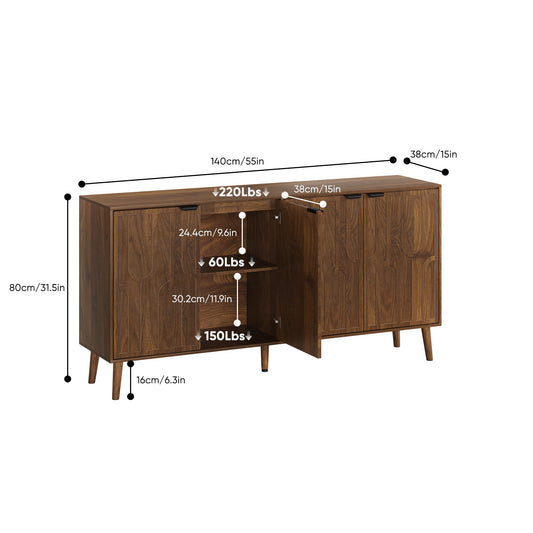 55-inch sideboard/serving cabinet, mid-century modern style wooden entryway cabinet, four-door storage unit with metal handles, sturdy solid wood legs, multi-functional decorative cabinet, suitable fo