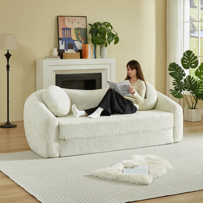 86-inch Curved Convertible Sofa Recliner, 2-in-1 Frameless Folding Sofa Bed with Pull-Out Base and Deep Seat Design, Chenille Two-Seater Reclining Sofa, No Assembly Required  beige