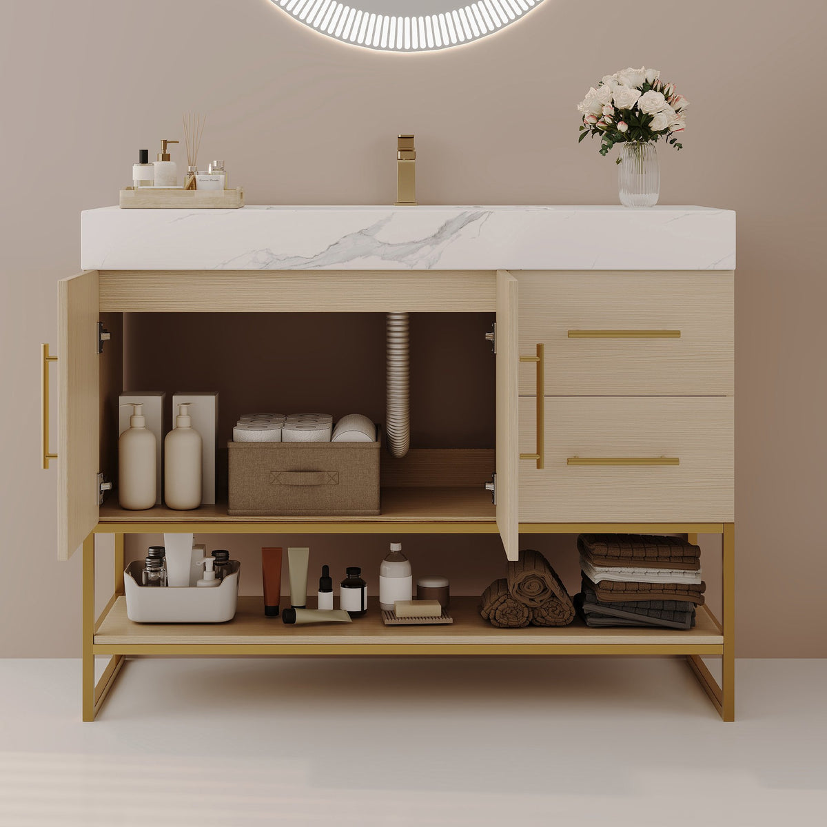 36" Modern Free-Standing Bathroom Vanity with Seamless Ceramic Sink & Sintered Stone Top