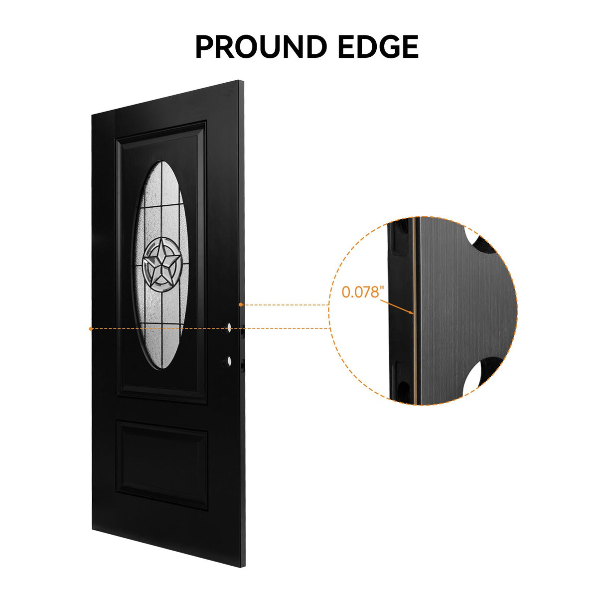 36"x80" Fiberglass Front Door with White 4-9/16" PVC Frame,Right-Hand Inswing Exterior Door with Brickmould,Brushed Smooth skin with Oval Decorated glass for Home Entrance, Black