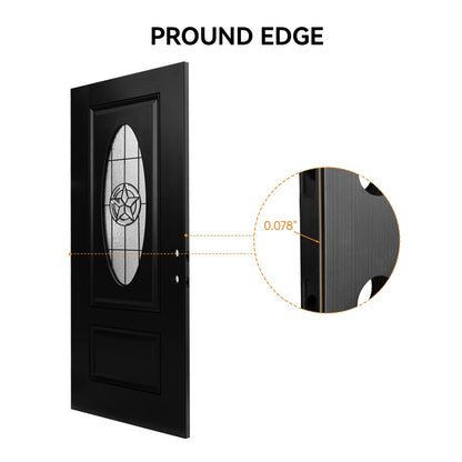 36"x80" Fiberglass Front Door with White 4-9/16" PVC Frame,Right-Hand Inswing Exterior Door with Brickmould,Brushed Smooth skin with Oval Decorated glass for Home Entrance, Black