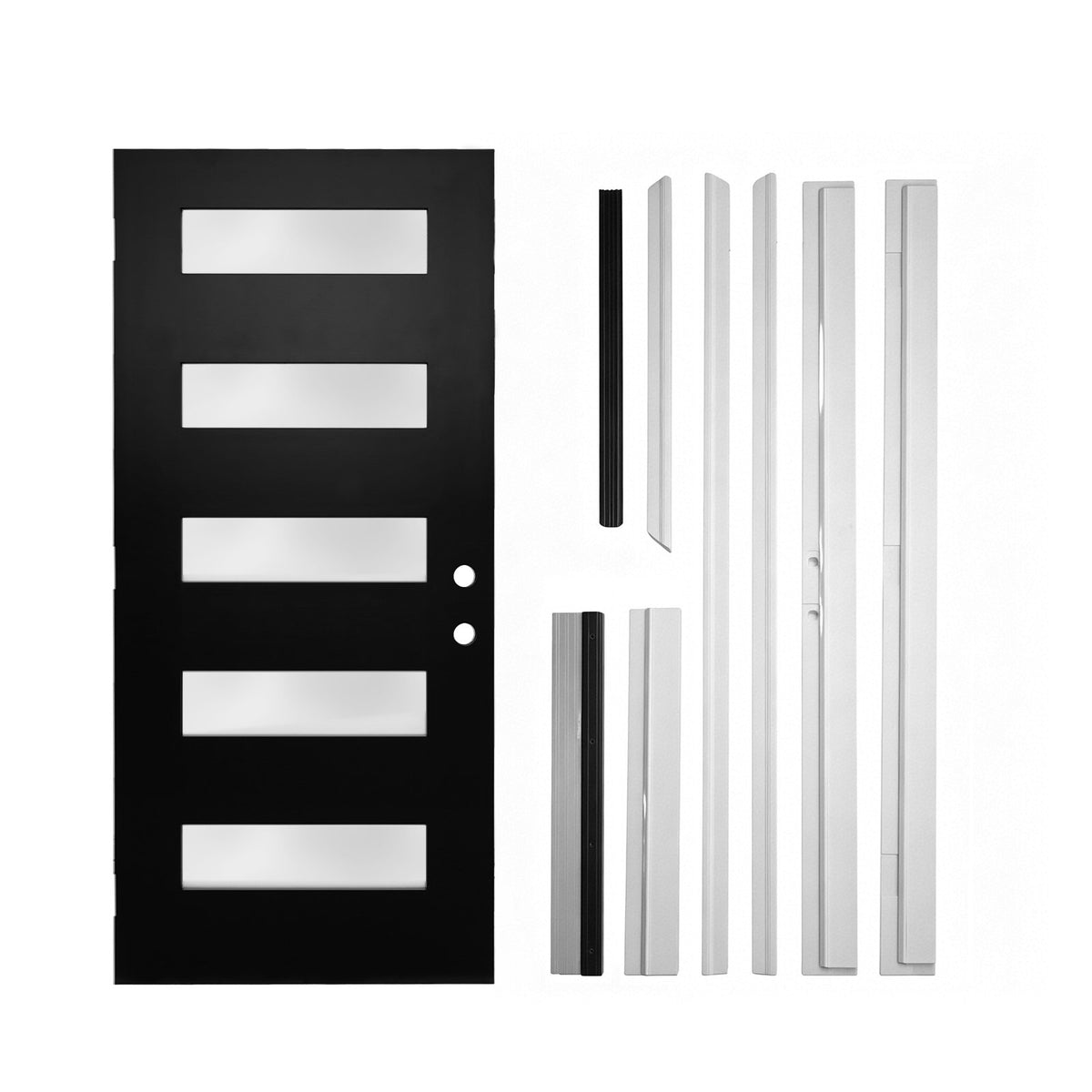 36"x80" Fiberglass Front Door with White 4-9/16" PVC Frame,Left-Hand Inswing Exterior Door with Brickmould,Contemporary minimalist brushed smooth skin with frosted glass for Home Entrance, Black