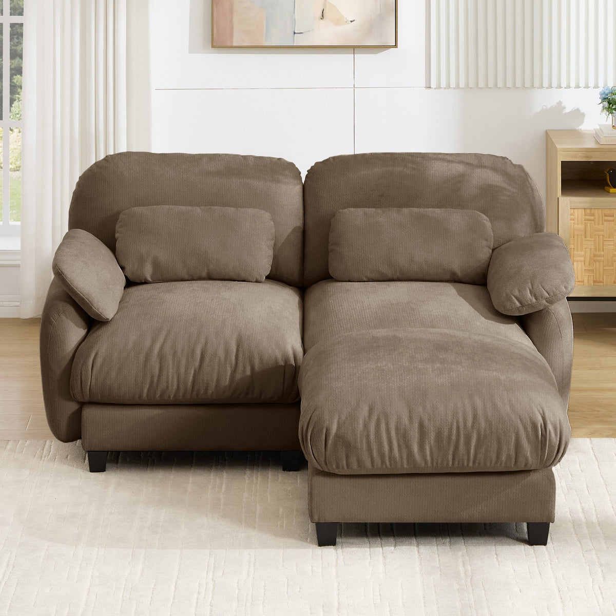 2 Seater L-Shaped Cloud Feel Sofa with Removable Ottoman, Cozy Chenille Modular Couch Set, Deep Seat Free Combination Furniture for Small Living Room, Brown
