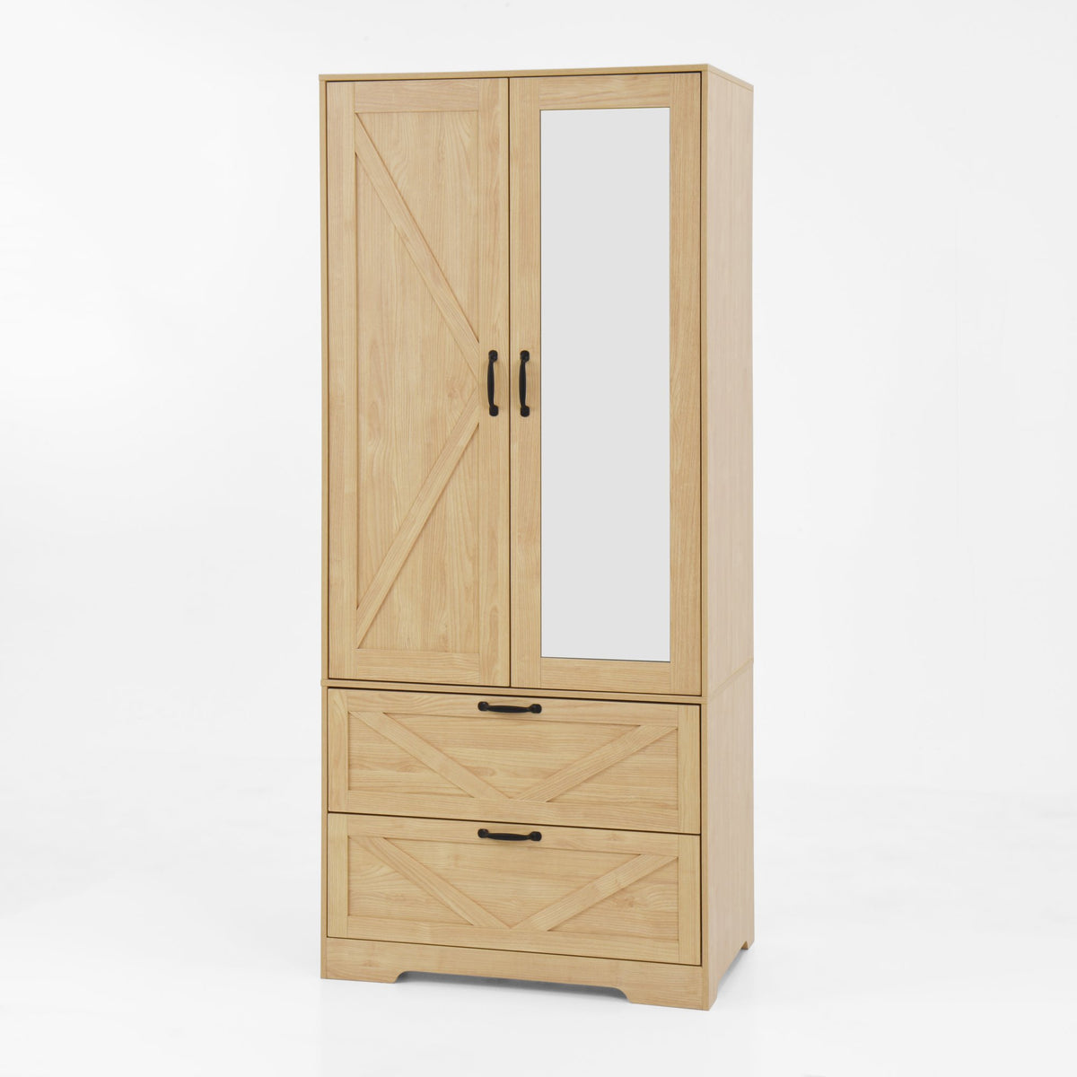 2 Door Wood Wardrobe for Bedroom with Hanging Clothing Rod inside the Cabinet and 2 Drawers for Storage Organization – Natural