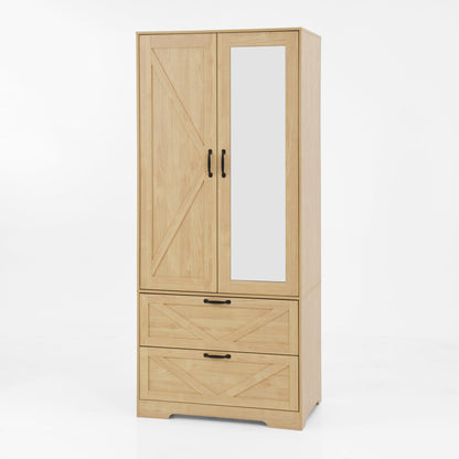2 Door Wood Wardrobe for Bedroom with Hanging Clothing Rod inside the Cabinet and 2 Drawers for Storage Organization – Natural