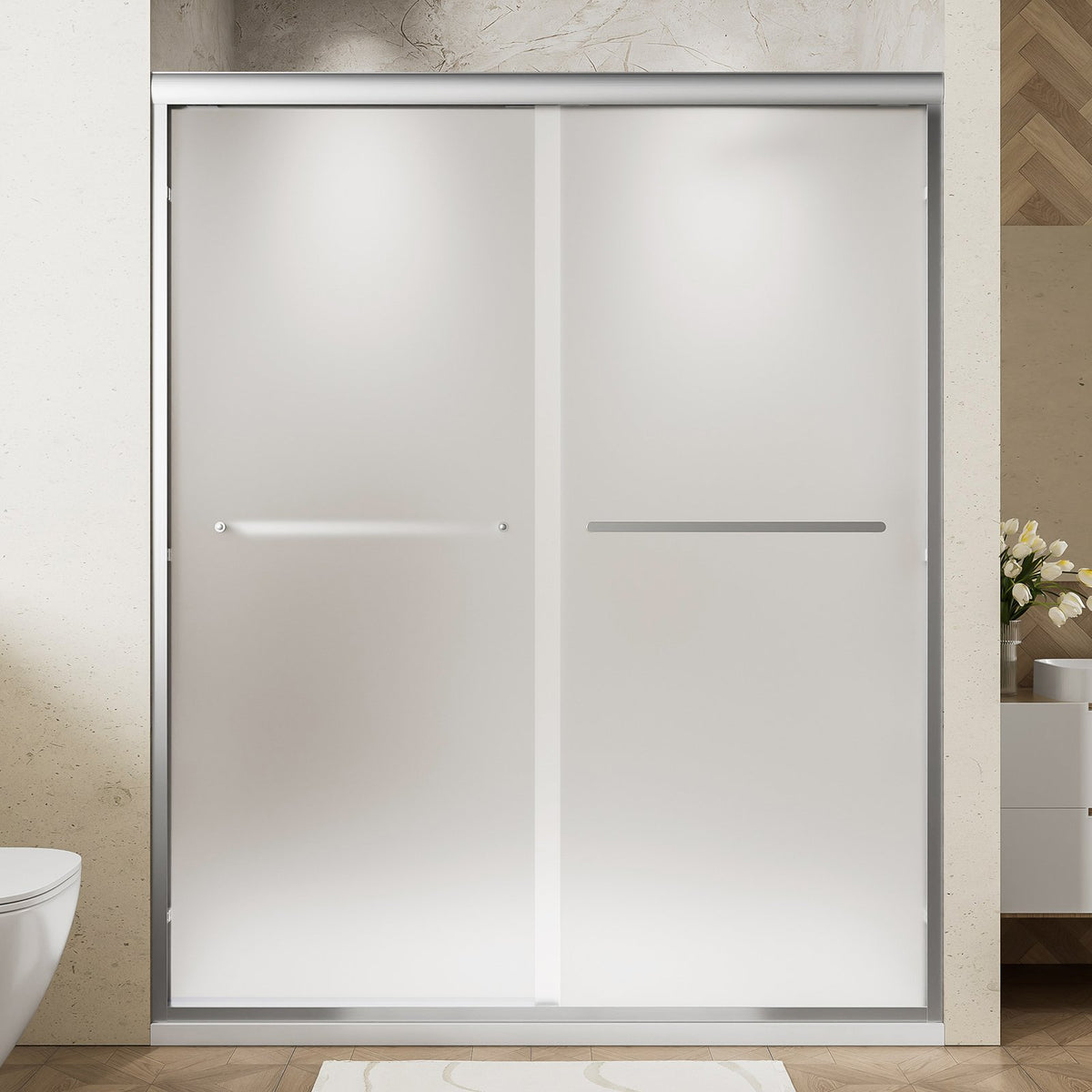 56-60" W x 72" H Framed Double Sliding Shower Door, 1/4" (6mm) Frosted Ultra-Clear Tempered Glass with nano self-cleaning coating, Brushed Nickel Finish, Reversible Installation