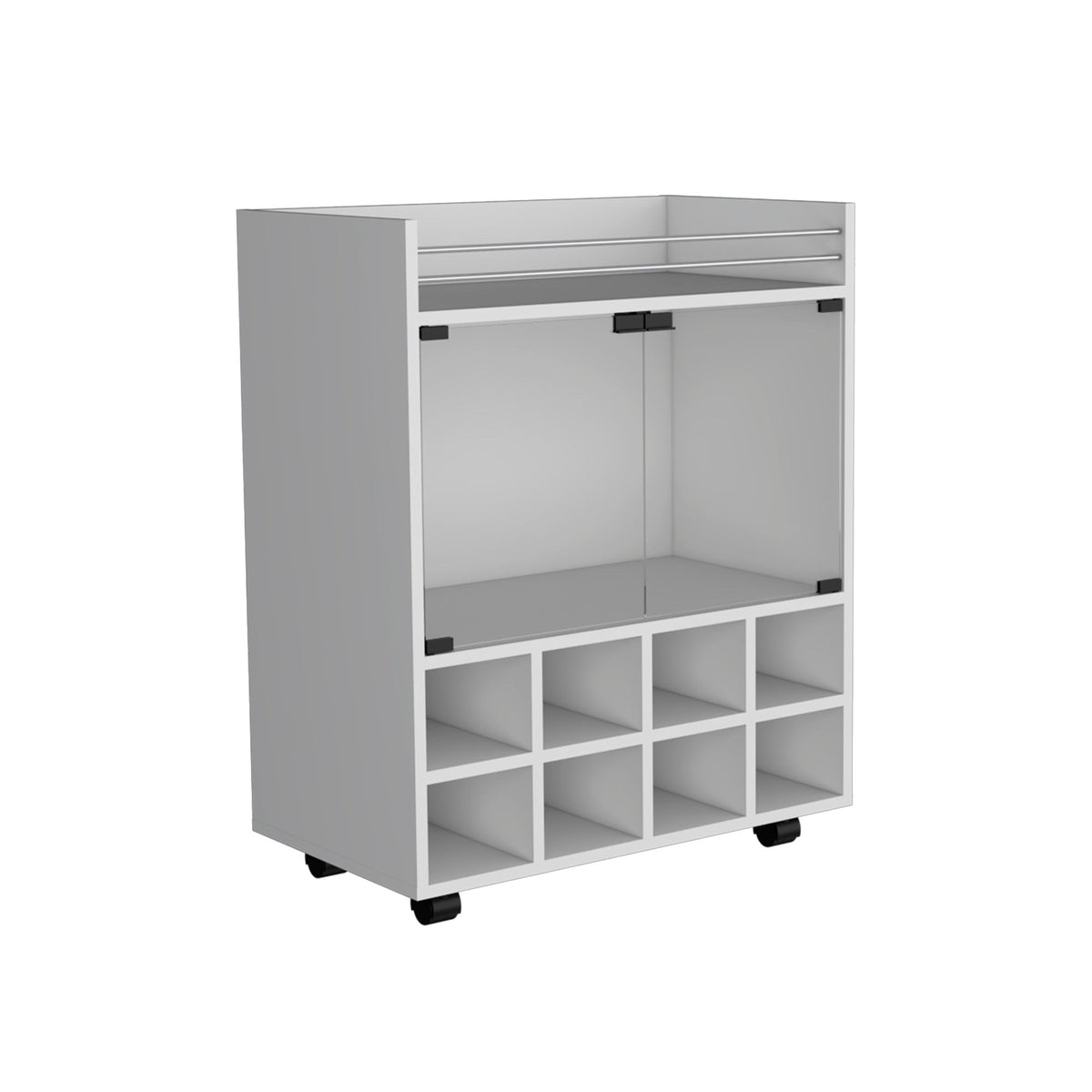 32" H white bar- coffee cart, Kitchen or living room cabinet storage with 4 wheels, with 8 bottle racks, a central shelf covered by 1 glass door, ideal for storing glasses and snacks