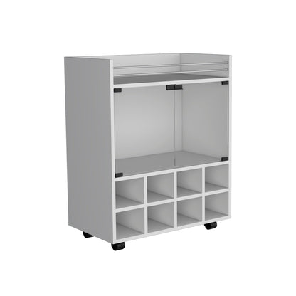32" H white bar- coffee cart, Kitchen or living room cabinet storage with 4 wheels, with 8 bottle racks, a central shelf covered by 1 glass door, ideal for storing glasses and snacks