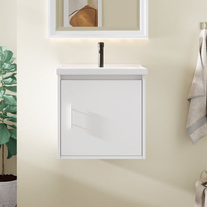 20" Floating Bathroom Vanity, Wall Mounted Plywood Cabinet with Ceramic Sink & Soft-Close Doors for Small Bathrooms, White