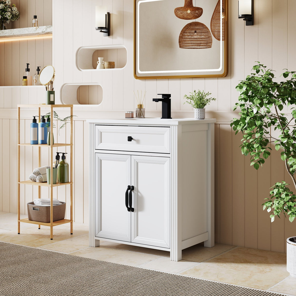 27.8" Modern Bathroom Vanity Set with Reinforced Legs & Painted Surface, Mid-Century Freestanding Bathroom Vanity Sink with Storage, High-end Restroom Vanity Cabinet with Flip-top Drawer&Metal Handles