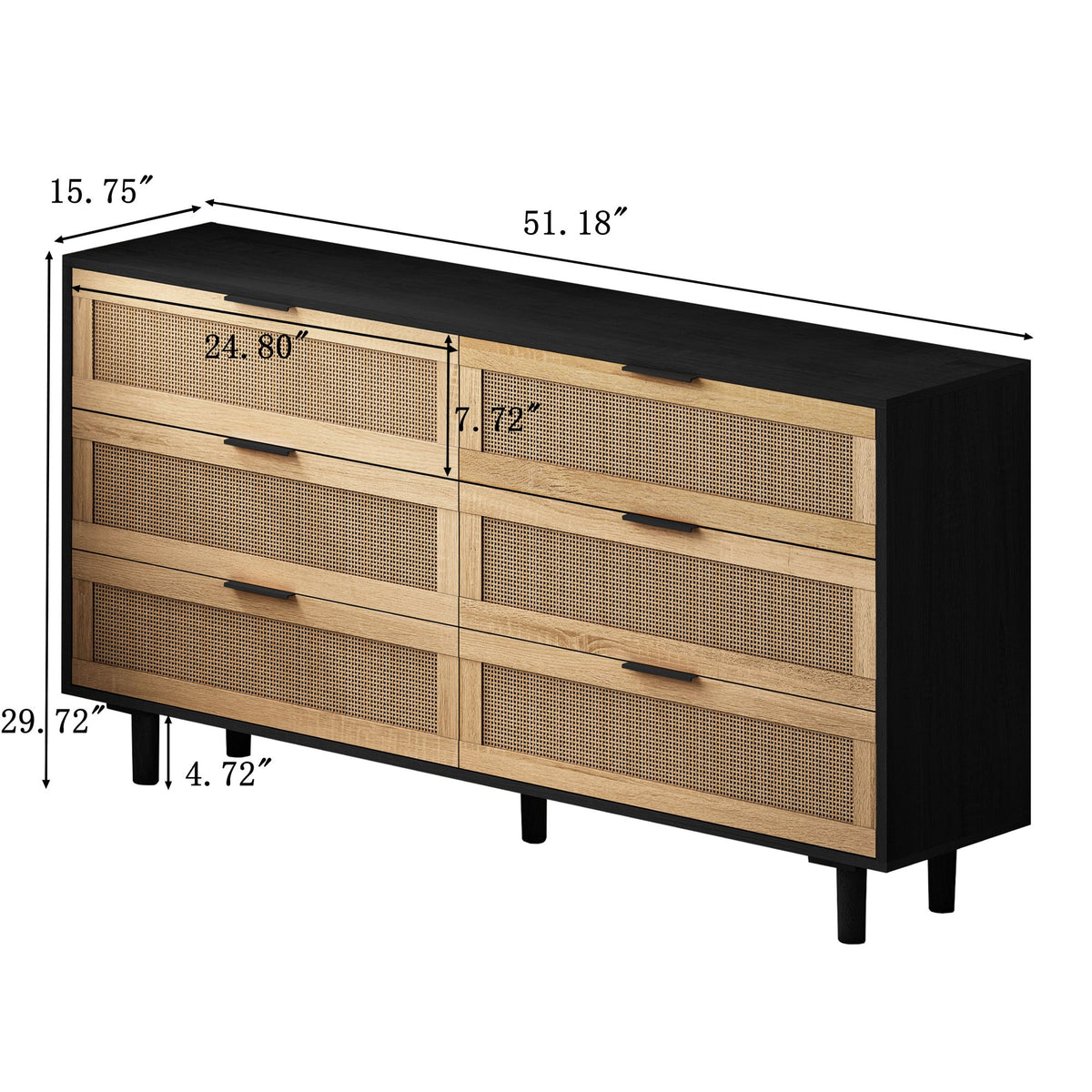 51.18" 6-Drawers Rattan Storage Cabinet Rattan Drawer, Black (Same SKU:W757112779)
