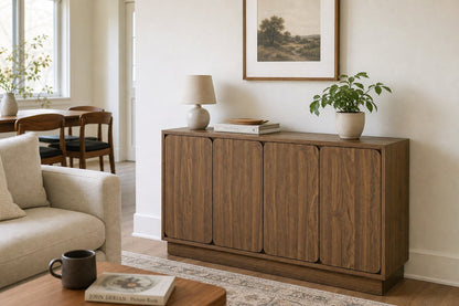59.1 Inch Walnut 4-Door Sideboard Buffet Cabinet, Particle Board Storage Credenza with Adjustable Shelves, Wide Console Storage Cupboard for Dining Room, Kitchen, Living Room & Entryway