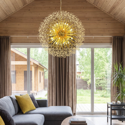 63-Inch Extra Large Dandelion Crystal Chandelier Gold Modern Light Fixture - Grand Firework Sputnik Chandelier for High Ceiling Living Room Foyer - Luxury Hanging Pendant 30 G9 LED Bulbs Included