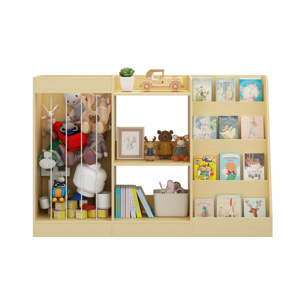 3-in-1 Kids Bookshelf and Toy Storage, 4-Tier Book Shelf for Kids Rooms, Sling Baby Bookcase with Stuffed Animal Storage, Toddler Montessori Bookshelf for Nursery, Playroom, Kindergarten, Natural