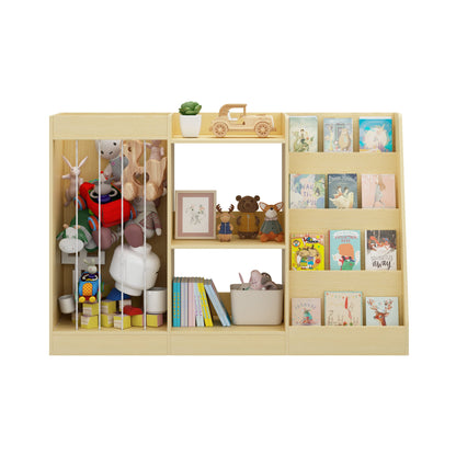 3-in-1 Kids Bookshelf and Toy Storage, 4-Tier Book Shelf for Kids Rooms, Sling Baby Bookcase with Stuffed Animal Storage, Toddler Montessori Bookshelf for Nursery, Playroom, Kindergarten, Natural