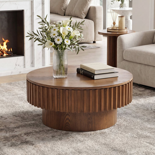 31.5 Inch Round Fluted Drum Coffee Table with Removable Lid Hidden Storage, Solid Wood Ribbed Cocktail Table, Farmhouse Walnut Finish Center Table for Living Room