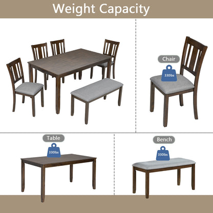 6PCs Kitchen Dining Set, Rectangular Wooden Dining Table with 4 Upholstered Chairs and a Bench, Dining Table Set for 6 People, Walnut