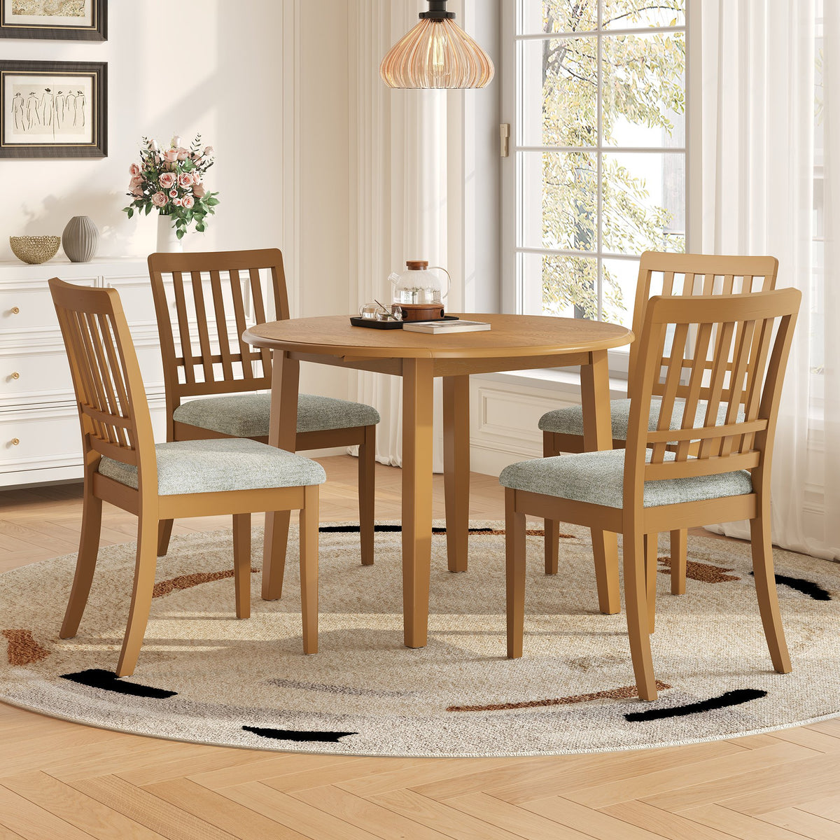 5-Piece Round Dining Table Set for 4 People, 1 Folding Wood Dining Table + 4 Upholstered Chairs