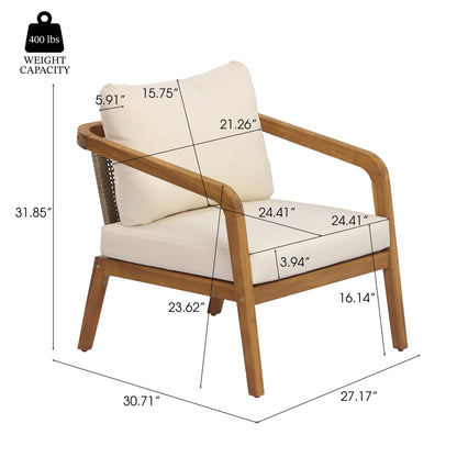 Acacia Wood Outdoor Patio Club Chair with PE Wicker Backrest & Cushions(Set of 2) – Modern Accent Armchair for Balcony, Poolside, and Sunroom