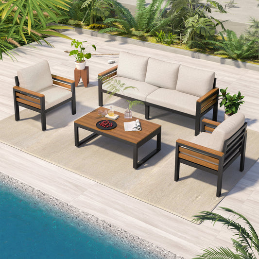 <Old SKU: N704G201246A> GO 4-Piece Outdoor Furniture Sofa Set for 5 People with Acacia Wood Armrests
