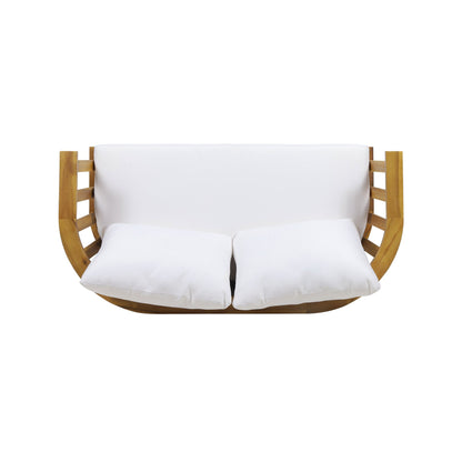 2 - Person Outdoor Acacia Wood Patio Seating Group with Cushions and Coffee Table for Porch, Garden, Backyard, Balcony, Teak Finish, White