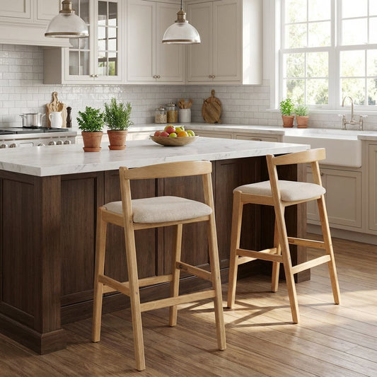 Balmain Indoor Rubberwood Barstool, Natural Finished and Beige Upholstery, Set of 2