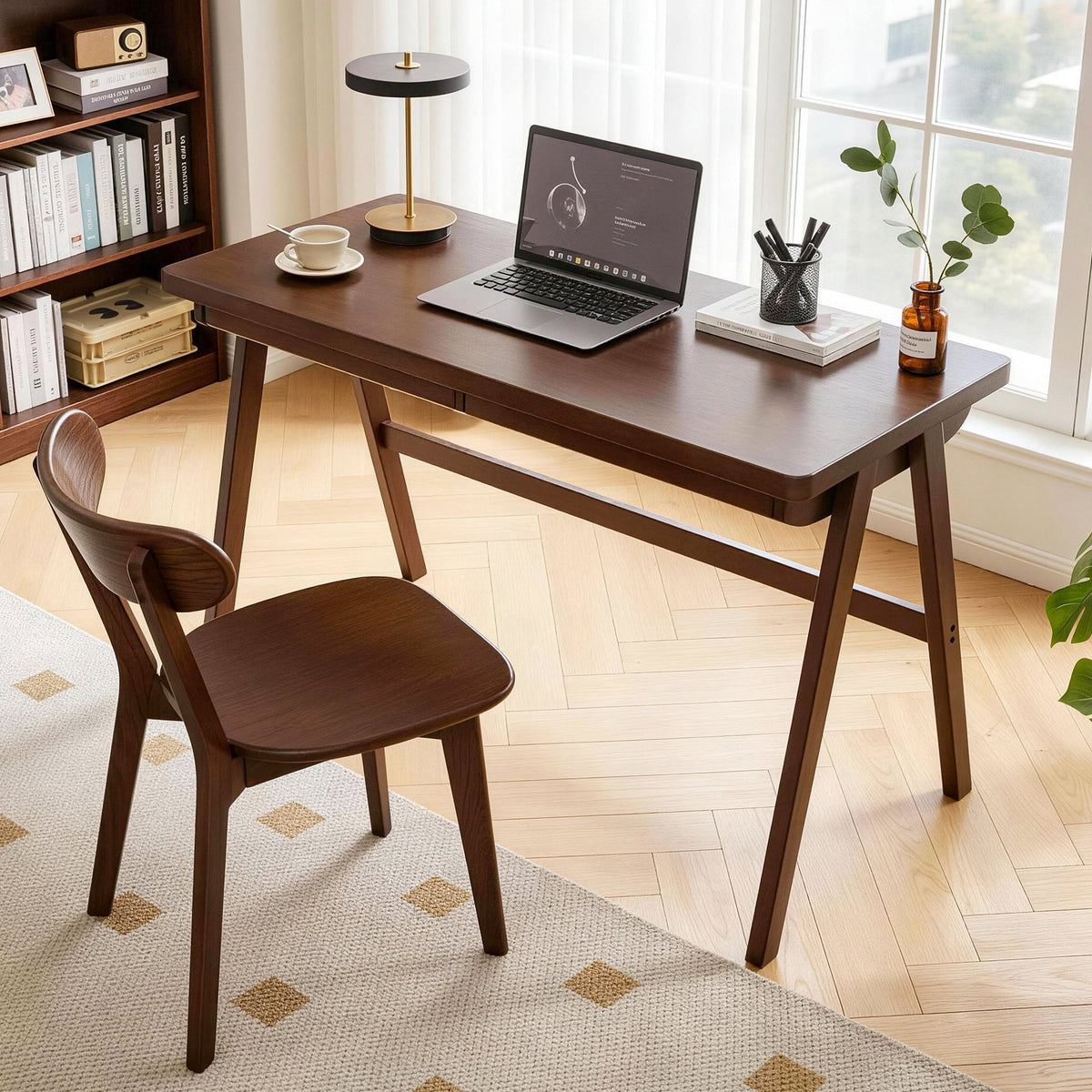 100% Solid Rubber Wood Computer Desk, Retro Walnut Writing Desk with Drawer, Sturdy A-Frame Leg, 39.37"×21.62", 1.38" Extra Thick Home Office Study Table