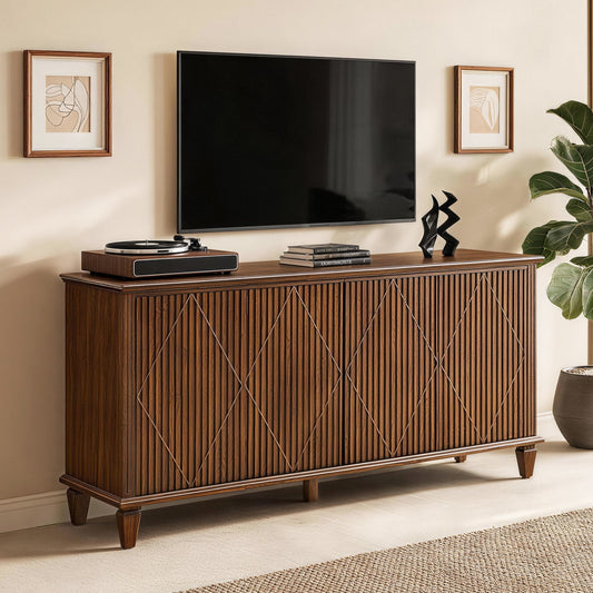 58" Mid Century Modern TV Stand, Wood Storage Cabinet with Carved Geometric Doors, 4 Door Media Console, Sideboard Buffet Cabinet for Living Room, Dining Room, Entryway 
WLRR