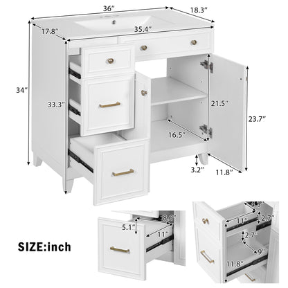 36" Modern Bathroom Vanity with Ceramic Sink, Soft Close Doors, Adjustable Shelves, Solid Wood Frame+MDF