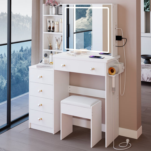 37" Left Bedside Cabinet Vanity Table + Cushioned Stool, 2 AC+2 USB Socket, Hair Dryer Stand, Large Touch Control LED Sliding Mirror