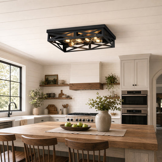 6-Light Matte Black Farmhouse Square Flush Mount Ceiling Light, Vintage Hollow Geometric Iron Cage Ceiling Lamp, Industrial Close to Ceiling Lighting for Dining Room, Bedroom-1 Pack(No light bulb)