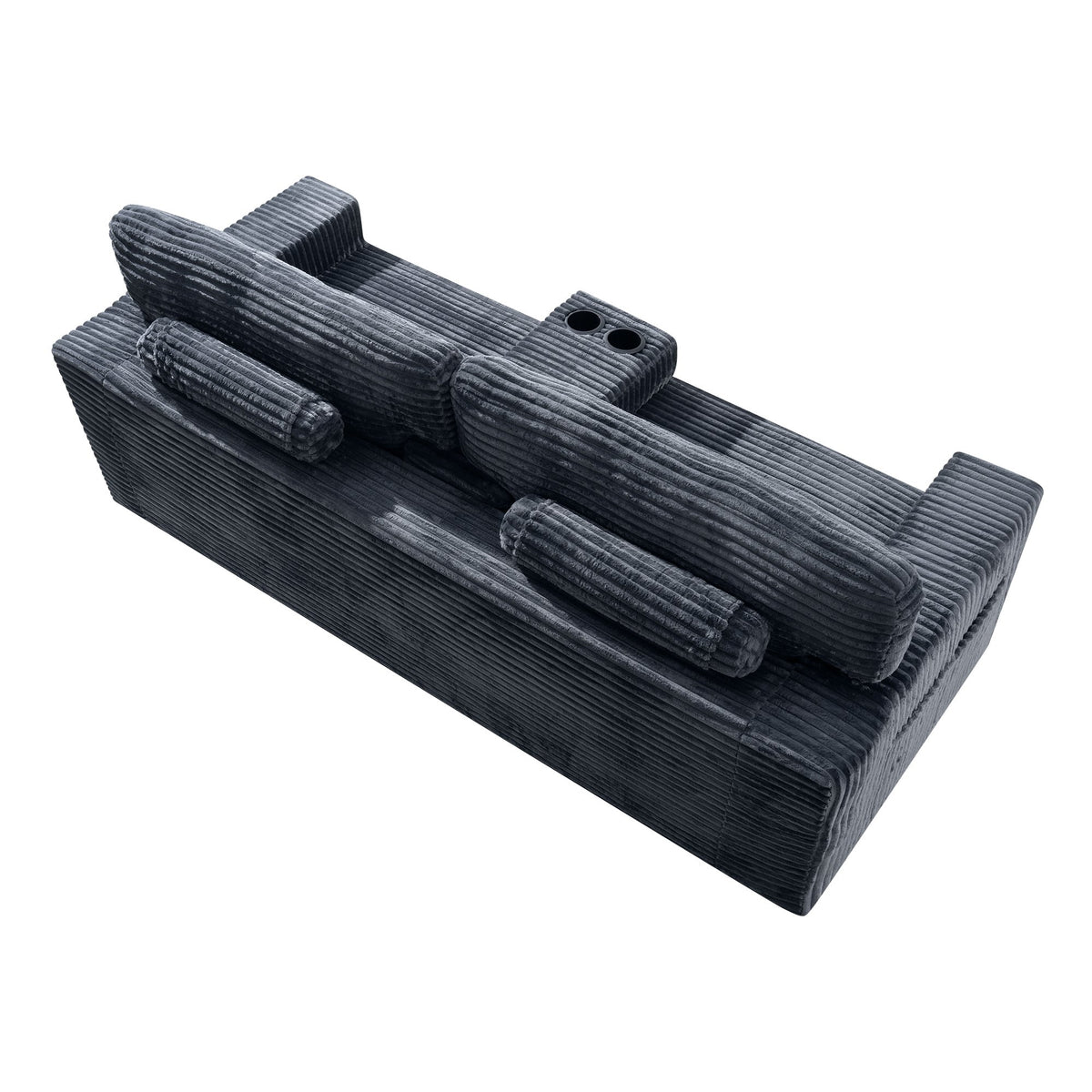91.7" No-Leg Compression Sofa, Plush Corduroy  with Built-in Cup Holders and Side Storage Pocket for Living Room