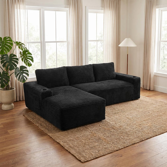 104 Inch Cloud Sectional Couch, Modern Modular Sectional Sofa with Deep Seat, Corduroy Boneless Couches with L-Shape Chaise – Black