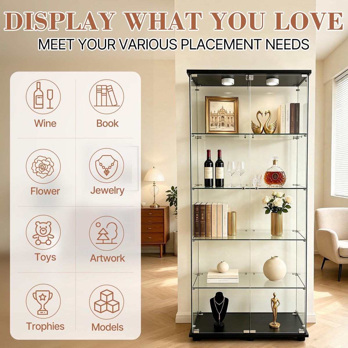 5-Tier Glass Display Cabinet with Lights, Double Doors and Lock, Curio Cabinet Tempered Glass Floor Standing Bookshelf for Living Room, Bedroom, Office, 74 x 31 x 14 in, Black