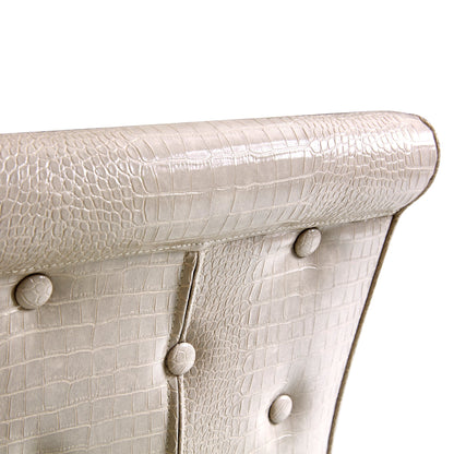 A set of 2 beige and gold vintage crocodile leather cushioned dining chairs, featuring crystal clasp design and artificial leather design, adding a touch of elegance and mystery to the dining area