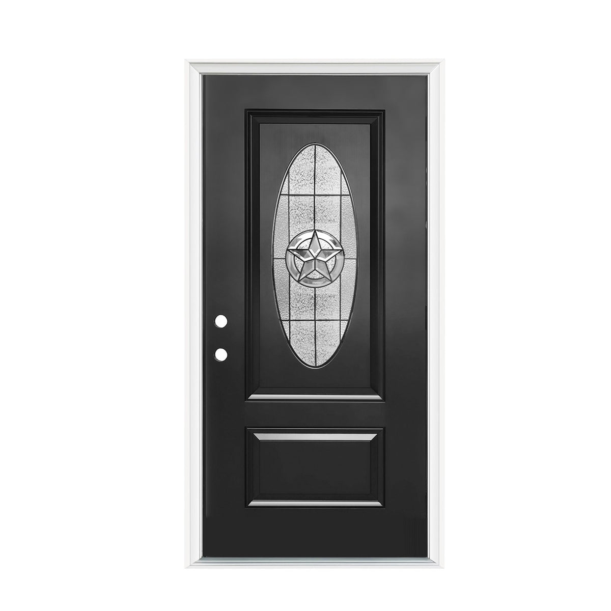 36"x80" Fiberglass Front Door with White 4-9/16" PVC Frame,Right-Hand Inswing Exterior Door with Brickmould,Brushed Smooth skin with Oval Decorated glass for Home Entrance, Black
