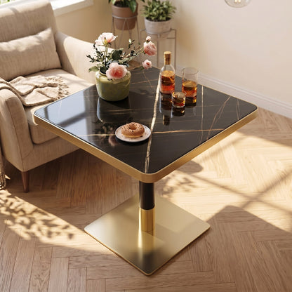 24" Square Faux Black Marble Bistro Table, 28.8" High Modern Dining Table with High Gloss UV Finish & Gold Metal Trim Edge, Heavy-Duty Stainless Steel Base Frame for Small Spaces, Cafe, Kitchen, Bistr